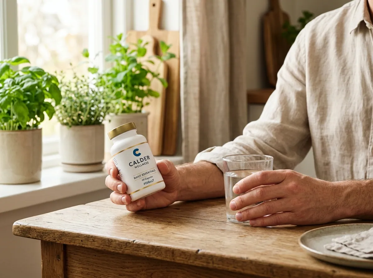 Handen houden Alpha Drive supplement en glas water vast, ochtendlicht